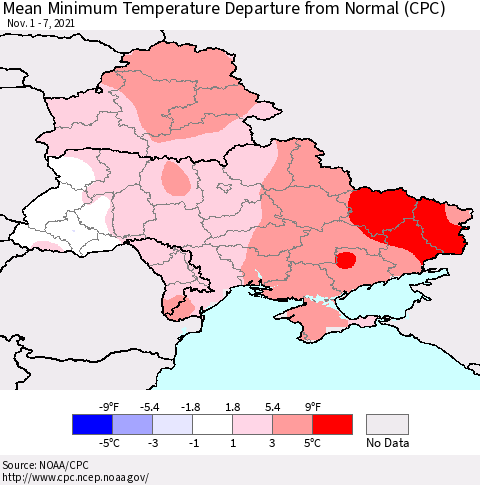 Ukraine, Moldova and Belarus Minimum Temperature Departure From Normal (CPC) Thematic Map For 11/1/2021 - 11/7/2021