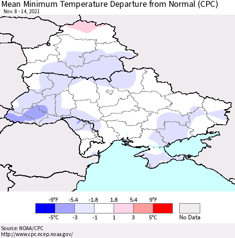 Ukraine, Moldova and Belarus Mean Minimum Temperature Departure from Normal (CPC) Thematic Map For 11/8/2021 - 11/14/2021