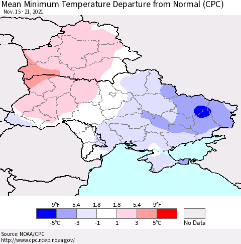 Ukraine, Moldova and Belarus Mean Minimum Temperature Departure from Normal (CPC) Thematic Map For 11/15/2021 - 11/21/2021