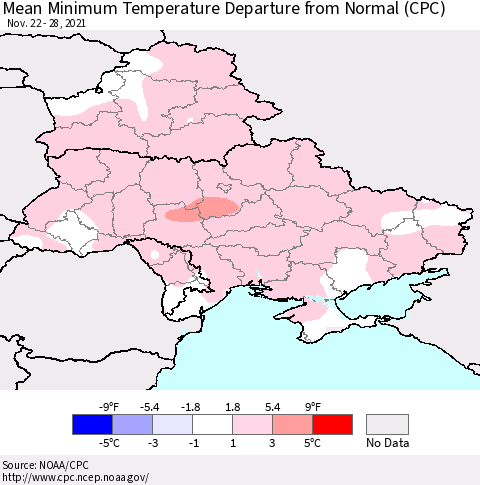 Ukraine, Moldova and Belarus Mean Minimum Temperature Departure from Normal (CPC) Thematic Map For 11/22/2021 - 11/28/2021