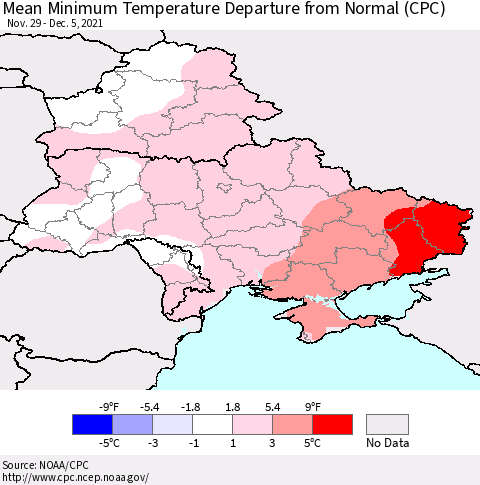 Ukraine, Moldova and Belarus Minimum Temperature Departure From Normal (CPC) Thematic Map For 11/29/2021 - 12/5/2021