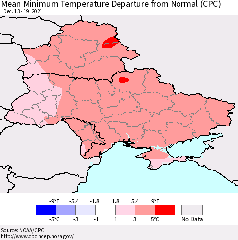 Ukraine, Moldova and Belarus Minimum Temperature Departure From Normal (CPC) Thematic Map For 12/13/2021 - 12/19/2021