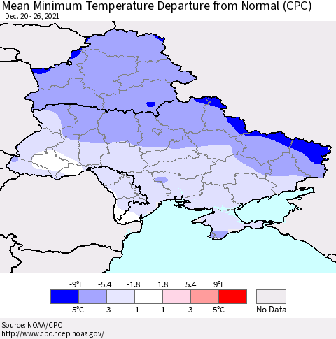 Ukraine, Moldova and Belarus Minimum Temperature Departure From Normal (CPC) Thematic Map For 12/20/2021 - 12/26/2021