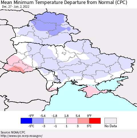 Ukraine, Moldova and Belarus Mean Minimum Temperature Departure from Normal (CPC) Thematic Map For 12/27/2021 - 1/2/2022