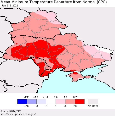 Ukraine, Moldova and Belarus Mean Minimum Temperature Departure from Normal (CPC) Thematic Map For 1/3/2022 - 1/9/2022