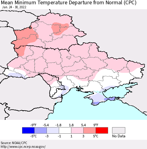 Ukraine, Moldova and Belarus Mean Minimum Temperature Departure from Normal (CPC) Thematic Map For 1/24/2022 - 1/30/2022