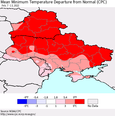 Ukraine, Moldova and Belarus Mean Minimum Temperature Departure from Normal (CPC) Thematic Map For 2/7/2022 - 2/13/2022