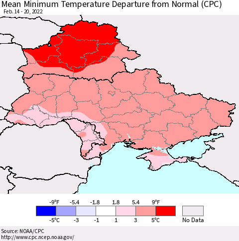 Ukraine, Moldova and Belarus Mean Minimum Temperature Departure from Normal (CPC) Thematic Map For 2/14/2022 - 2/20/2022