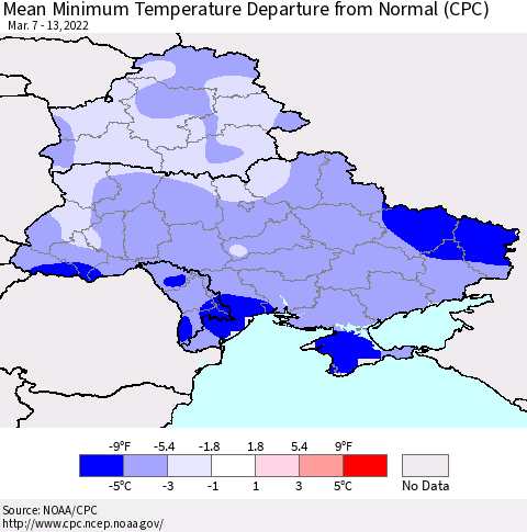 Ukraine, Moldova and Belarus Mean Minimum Temperature Departure from Normal (CPC) Thematic Map For 3/7/2022 - 3/13/2022