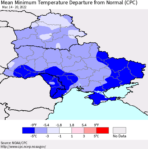 Ukraine, Moldova and Belarus Mean Minimum Temperature Departure from Normal (CPC) Thematic Map For 3/14/2022 - 3/20/2022