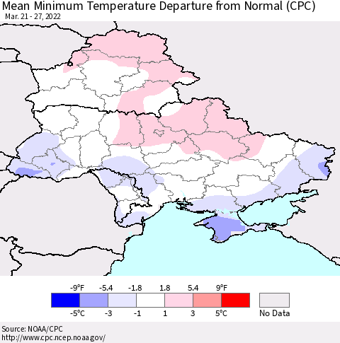 Ukraine, Moldova and Belarus Mean Minimum Temperature Departure from Normal (CPC) Thematic Map For 3/21/2022 - 3/27/2022