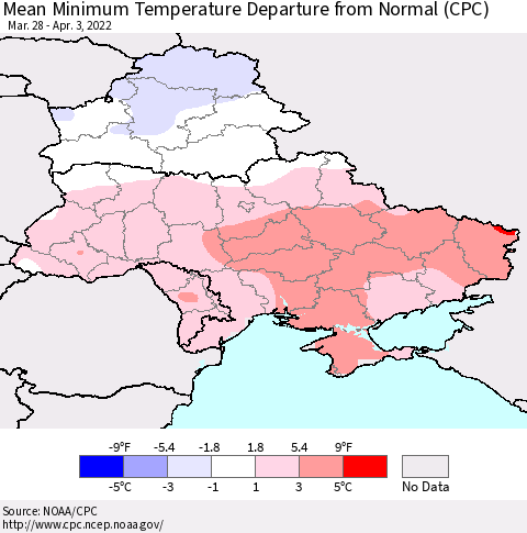 Ukraine, Moldova and Belarus Mean Minimum Temperature Departure from Normal (CPC) Thematic Map For 3/28/2022 - 4/3/2022