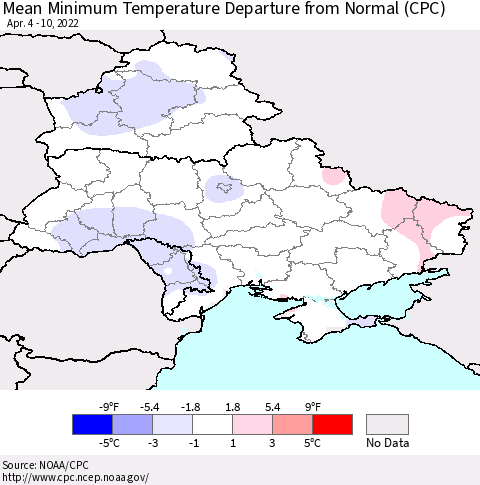 Ukraine, Moldova and Belarus Mean Minimum Temperature Departure from Normal (CPC) Thematic Map For 4/4/2022 - 4/10/2022