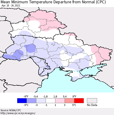 Ukraine, Moldova and Belarus Minimum Temperature Departure From Normal (CPC) Thematic Map For 4/18/2022 - 4/24/2022