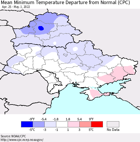 Ukraine, Moldova and Belarus Minimum Temperature Departure From Normal (CPC) Thematic Map For 4/25/2022 - 5/1/2022