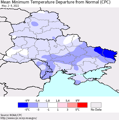 Ukraine, Moldova and Belarus Minimum Temperature Departure From Normal (CPC) Thematic Map For 5/2/2022 - 5/8/2022