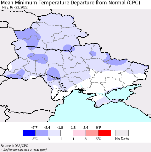 Ukraine, Moldova and Belarus Mean Minimum Temperature Departure from Normal (CPC) Thematic Map For 5/16/2022 - 5/22/2022