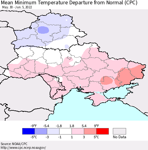 Ukraine, Moldova and Belarus Mean Minimum Temperature Departure from Normal (CPC) Thematic Map For 5/30/2022 - 6/5/2022