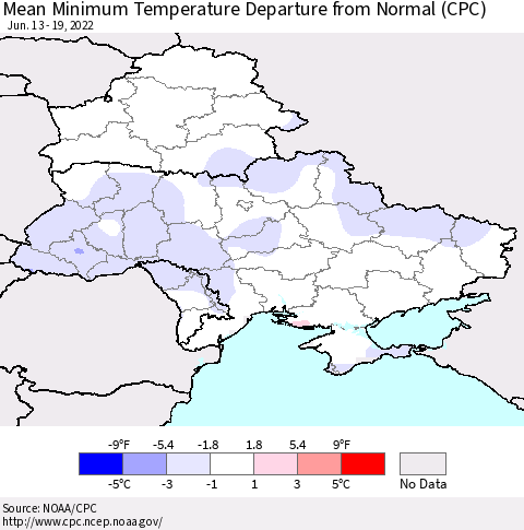 Ukraine, Moldova and Belarus Minimum Temperature Departure From Normal (CPC) Thematic Map For 6/13/2022 - 6/19/2022
