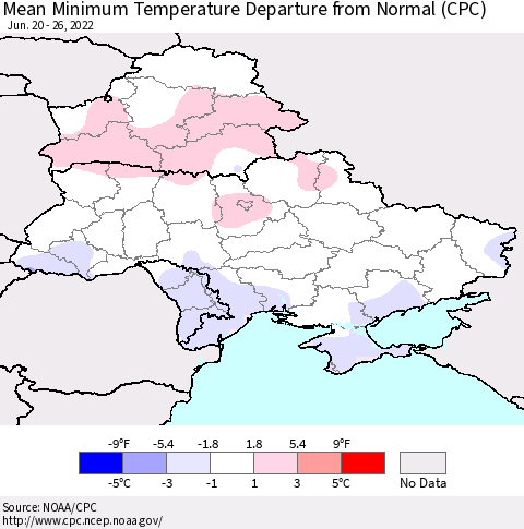 Ukraine, Moldova and Belarus Mean Minimum Temperature Departure from Normal (CPC) Thematic Map For 6/20/2022 - 6/26/2022