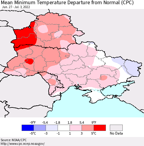 Ukraine, Moldova and Belarus Mean Minimum Temperature Departure from Normal (CPC) Thematic Map For 6/27/2022 - 7/3/2022