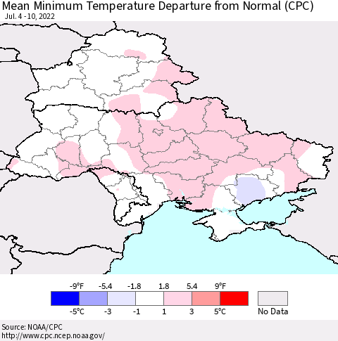 Ukraine, Moldova and Belarus Mean Minimum Temperature Departure from Normal (CPC) Thematic Map For 7/4/2022 - 7/10/2022