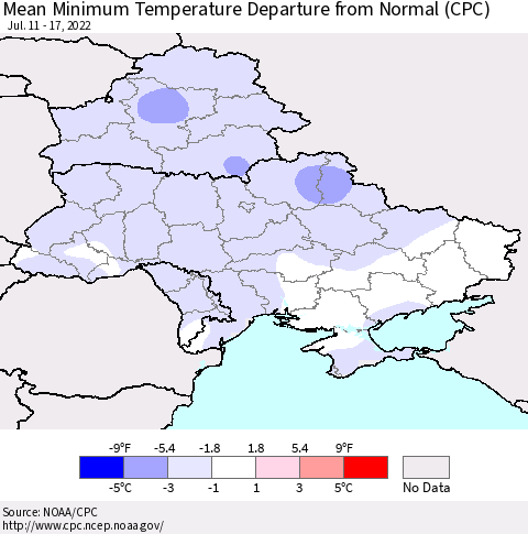 Ukraine, Moldova and Belarus Mean Minimum Temperature Departure from Normal (CPC) Thematic Map For 7/11/2022 - 7/17/2022
