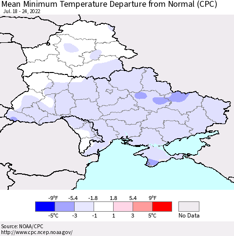 Ukraine, Moldova and Belarus Mean Minimum Temperature Departure from Normal (CPC) Thematic Map For 7/18/2022 - 7/24/2022