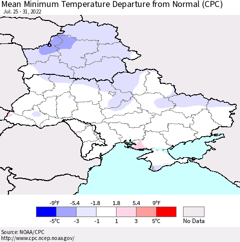 Ukraine, Moldova and Belarus Mean Minimum Temperature Departure from Normal (CPC) Thematic Map For 7/25/2022 - 7/31/2022