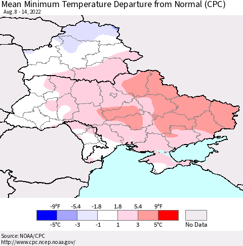 Ukraine, Moldova and Belarus Mean Minimum Temperature Departure from Normal (CPC) Thematic Map For 8/8/2022 - 8/14/2022