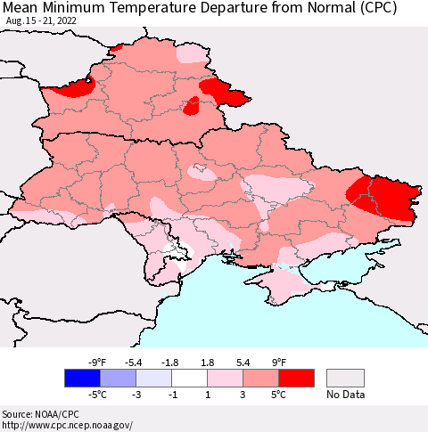 Ukraine, Moldova and Belarus Mean Minimum Temperature Departure from Normal (CPC) Thematic Map For 8/15/2022 - 8/21/2022
