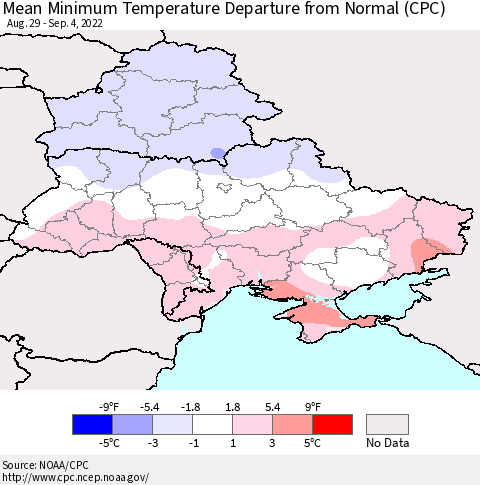 Ukraine, Moldova and Belarus Mean Minimum Temperature Departure from Normal (CPC) Thematic Map For 8/29/2022 - 9/4/2022