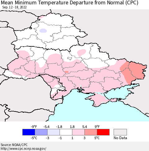 Ukraine, Moldova and Belarus Mean Minimum Temperature Departure from Normal (CPC) Thematic Map For 9/12/2022 - 9/18/2022