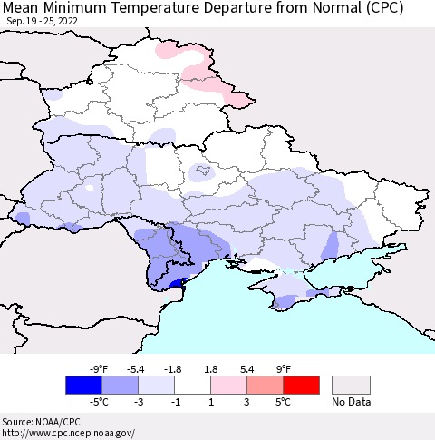 Ukraine, Moldova and Belarus Minimum Temperature Departure From Normal (CPC) Thematic Map For 9/19/2022 - 9/25/2022