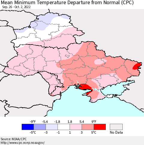 Ukraine, Moldova and Belarus Mean Minimum Temperature Departure from Normal (CPC) Thematic Map For 9/26/2022 - 10/2/2022