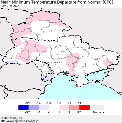 Ukraine, Moldova and Belarus Mean Minimum Temperature Departure from Normal (CPC) Thematic Map For 10/3/2022 - 10/9/2022