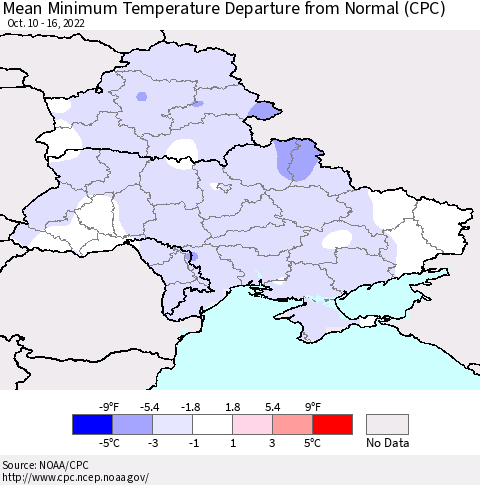 Ukraine, Moldova and Belarus Mean Minimum Temperature Departure from Normal (CPC) Thematic Map For 10/10/2022 - 10/16/2022