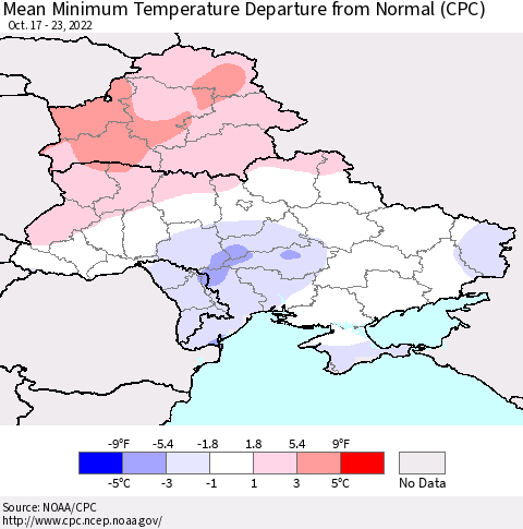 Ukraine, Moldova and Belarus Mean Minimum Temperature Departure from Normal (CPC) Thematic Map For 10/17/2022 - 10/23/2022