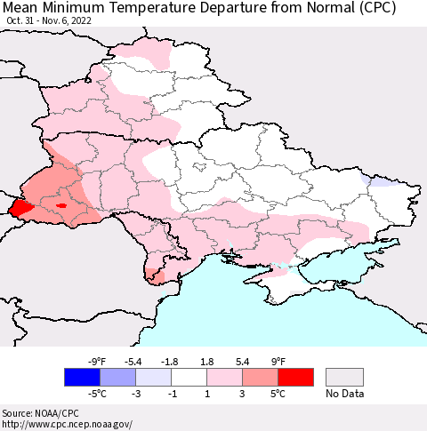 Ukraine, Moldova and Belarus Mean Minimum Temperature Departure from Normal (CPC) Thematic Map For 10/31/2022 - 11/6/2022