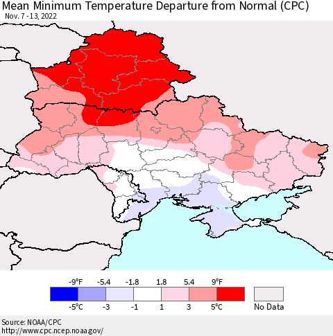 Ukraine, Moldova and Belarus Mean Minimum Temperature Departure from Normal (CPC) Thematic Map For 11/7/2022 - 11/13/2022