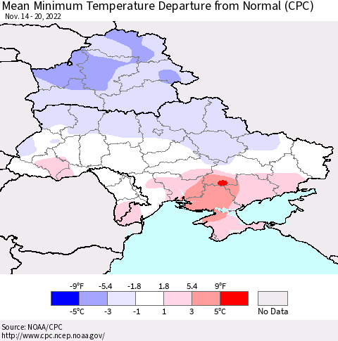 Ukraine, Moldova and Belarus Mean Minimum Temperature Departure from Normal (CPC) Thematic Map For 11/14/2022 - 11/20/2022