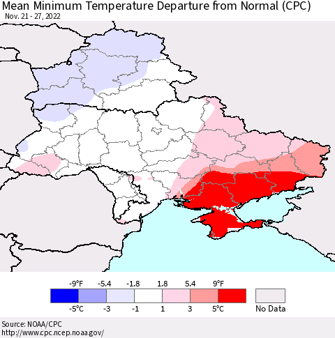 Ukraine, Moldova and Belarus Mean Minimum Temperature Departure from Normal (CPC) Thematic Map For 11/21/2022 - 11/27/2022