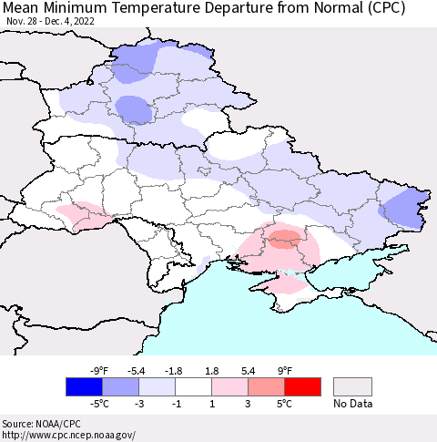 Ukraine, Moldova and Belarus Mean Minimum Temperature Departure from Normal (CPC) Thematic Map For 11/28/2022 - 12/4/2022