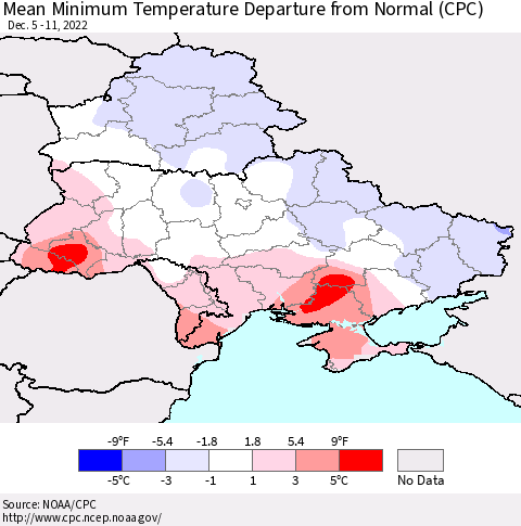 Ukraine, Moldova and Belarus Mean Minimum Temperature Departure from Normal (CPC) Thematic Map For 12/5/2022 - 12/11/2022
