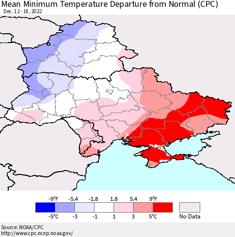 Ukraine, Moldova and Belarus Mean Minimum Temperature Departure from Normal (CPC) Thematic Map For 12/12/2022 - 12/18/2022