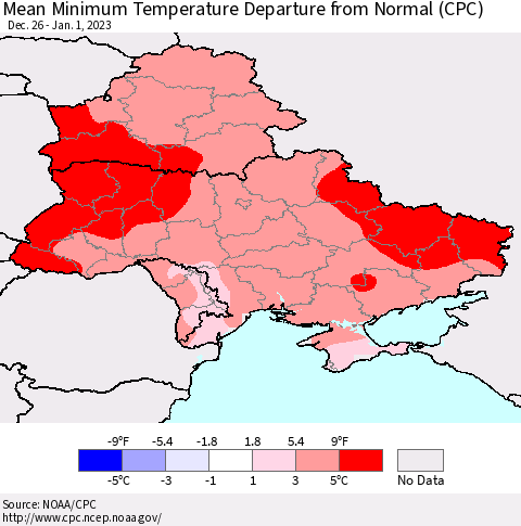 Ukraine, Moldova and Belarus Mean Minimum Temperature Departure from Normal (CPC) Thematic Map For 12/26/2022 - 1/1/2023