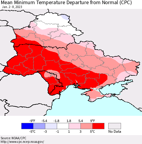 Ukraine, Moldova and Belarus Mean Minimum Temperature Departure from Normal (CPC) Thematic Map For 1/2/2023 - 1/8/2023