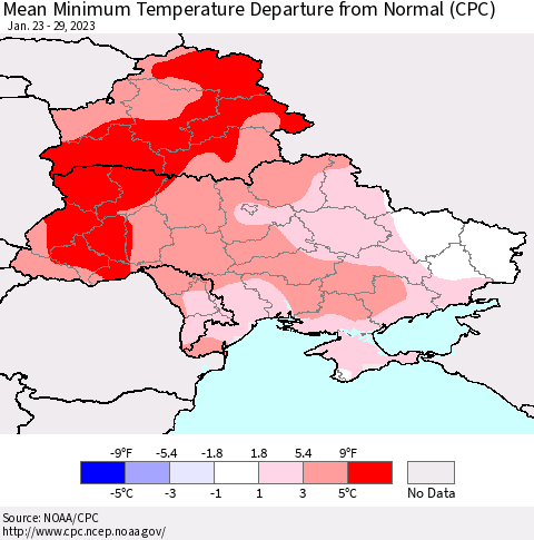 Ukraine, Moldova and Belarus Mean Minimum Temperature Departure from Normal (CPC) Thematic Map For 1/23/2023 - 1/29/2023