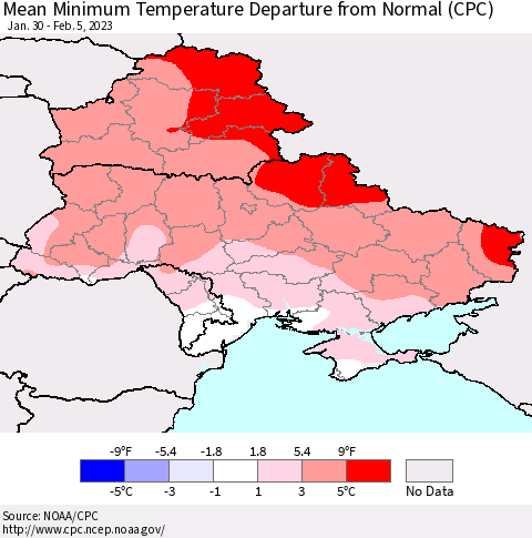 Ukraine, Moldova and Belarus Mean Minimum Temperature Departure from Normal (CPC) Thematic Map For 1/30/2023 - 2/5/2023