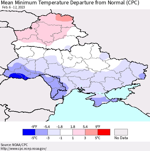 Ukraine, Moldova and Belarus Mean Minimum Temperature Departure from Normal (CPC) Thematic Map For 2/6/2023 - 2/12/2023